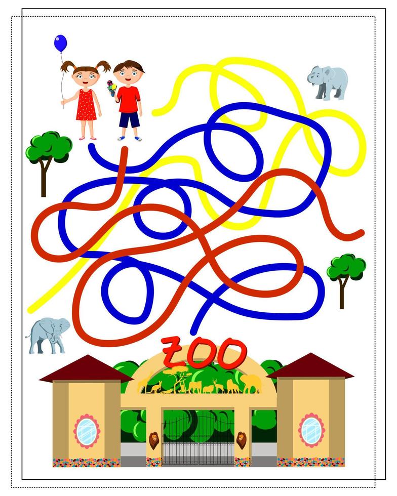a maze game for kids. Help the children to pass through the maze to the zoo. A girl in a dress with a balloon, a boy in shorts holding an ice cream in his hands vector