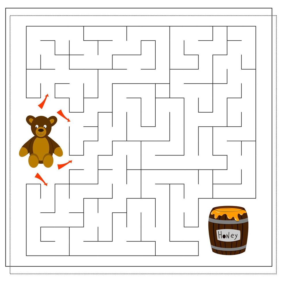 A maze game for kids. Guide the bear through the maze to the honey barrel vector