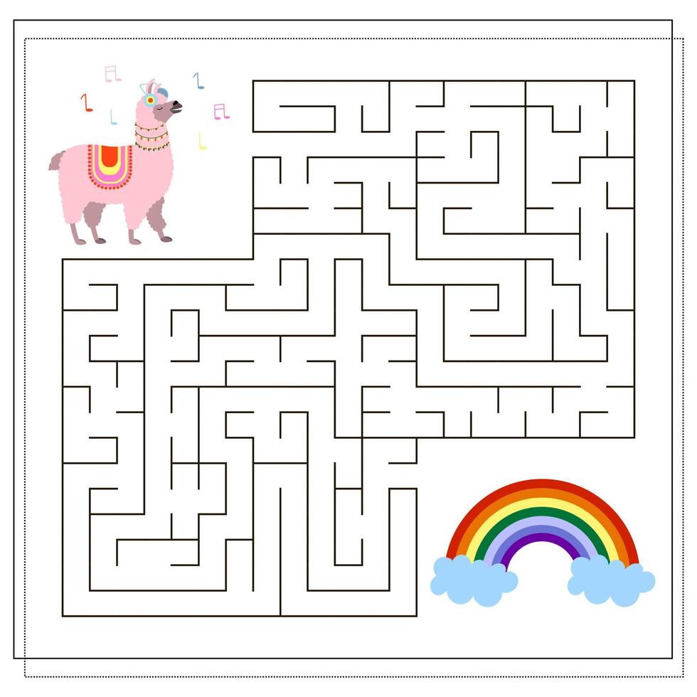 A logical game for children, help the llama to pass the maze and get to the rainbow vector