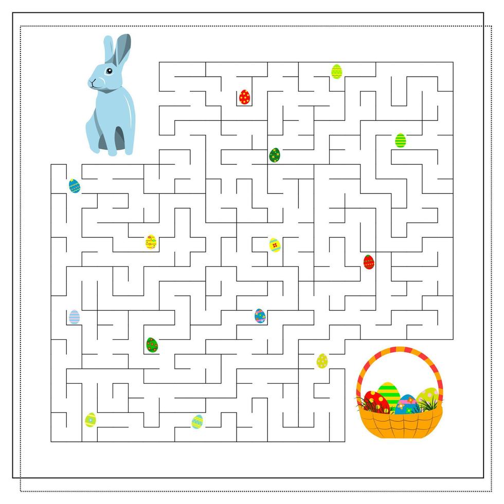 Puzzle game maze for kids, Easter eggs. Guide the Easter Bunny through the maze to the basket of Easter eggs vector