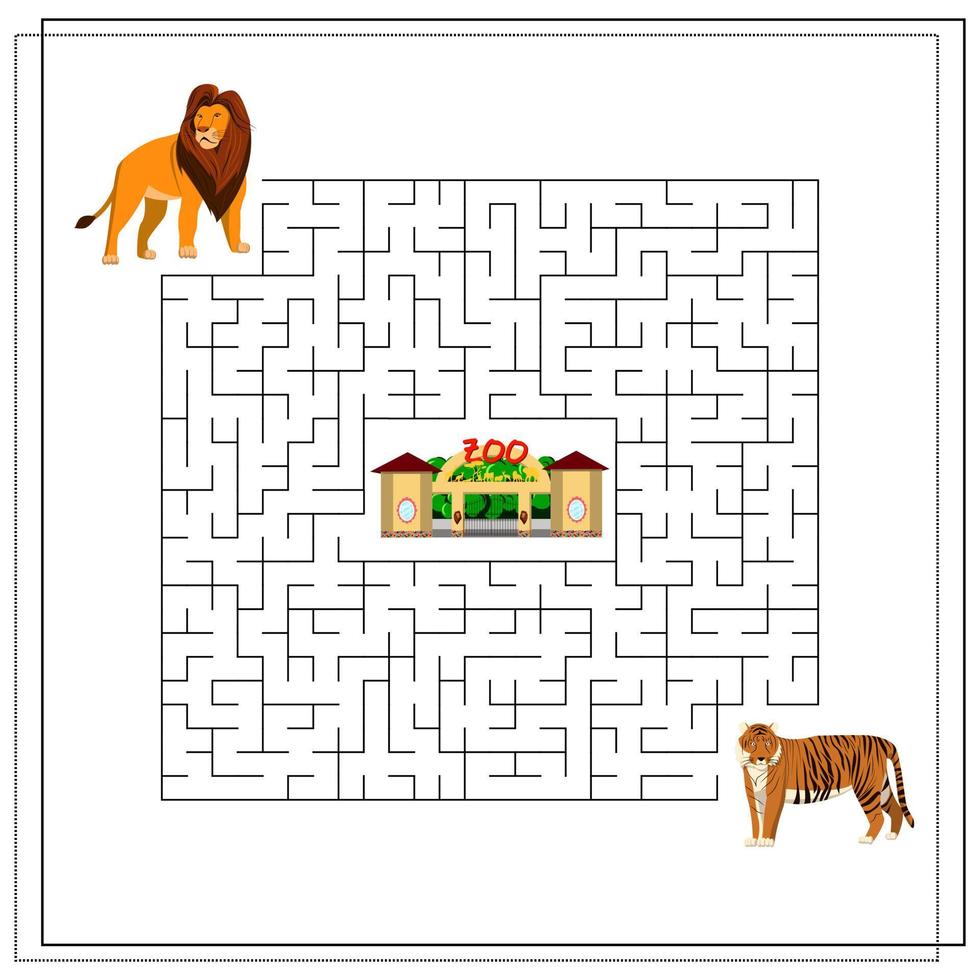 A maze puzzle game for kids. Help me get through the maze. Lion, tiger vector