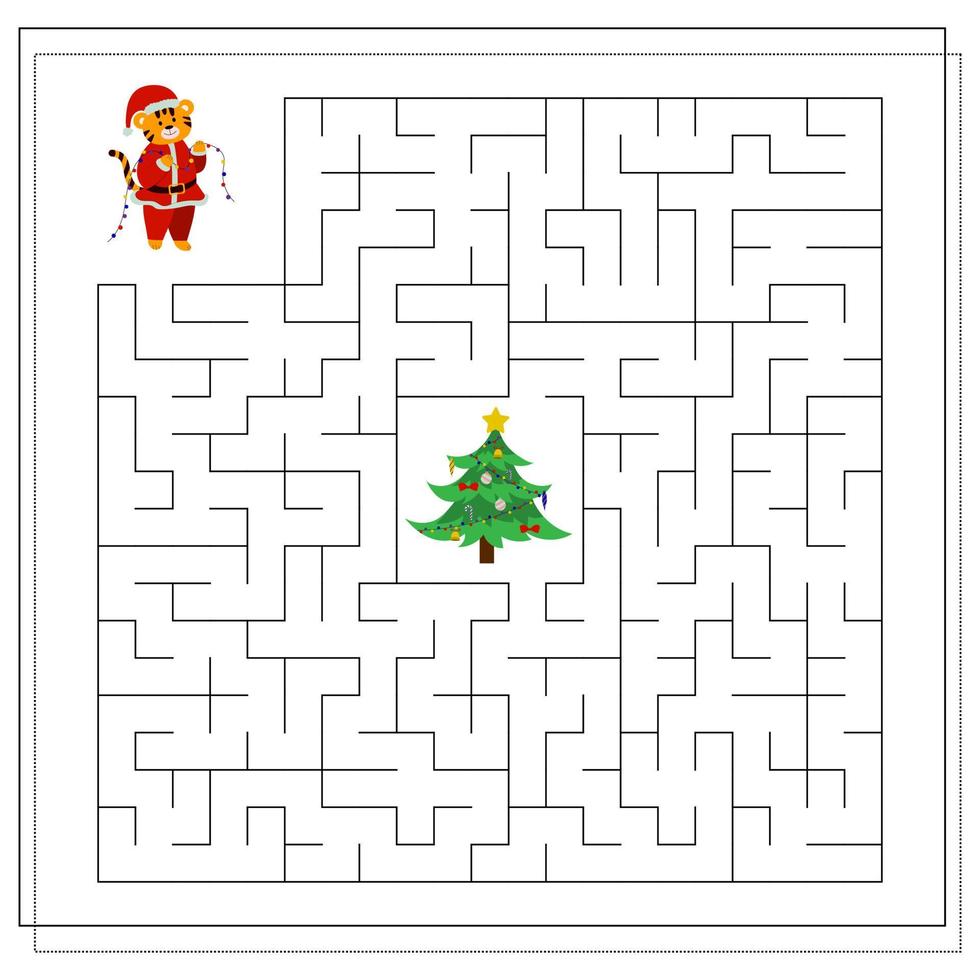 A logical game for children. Complete the maze. A tiger in the new year, a tiger at Christmas vector