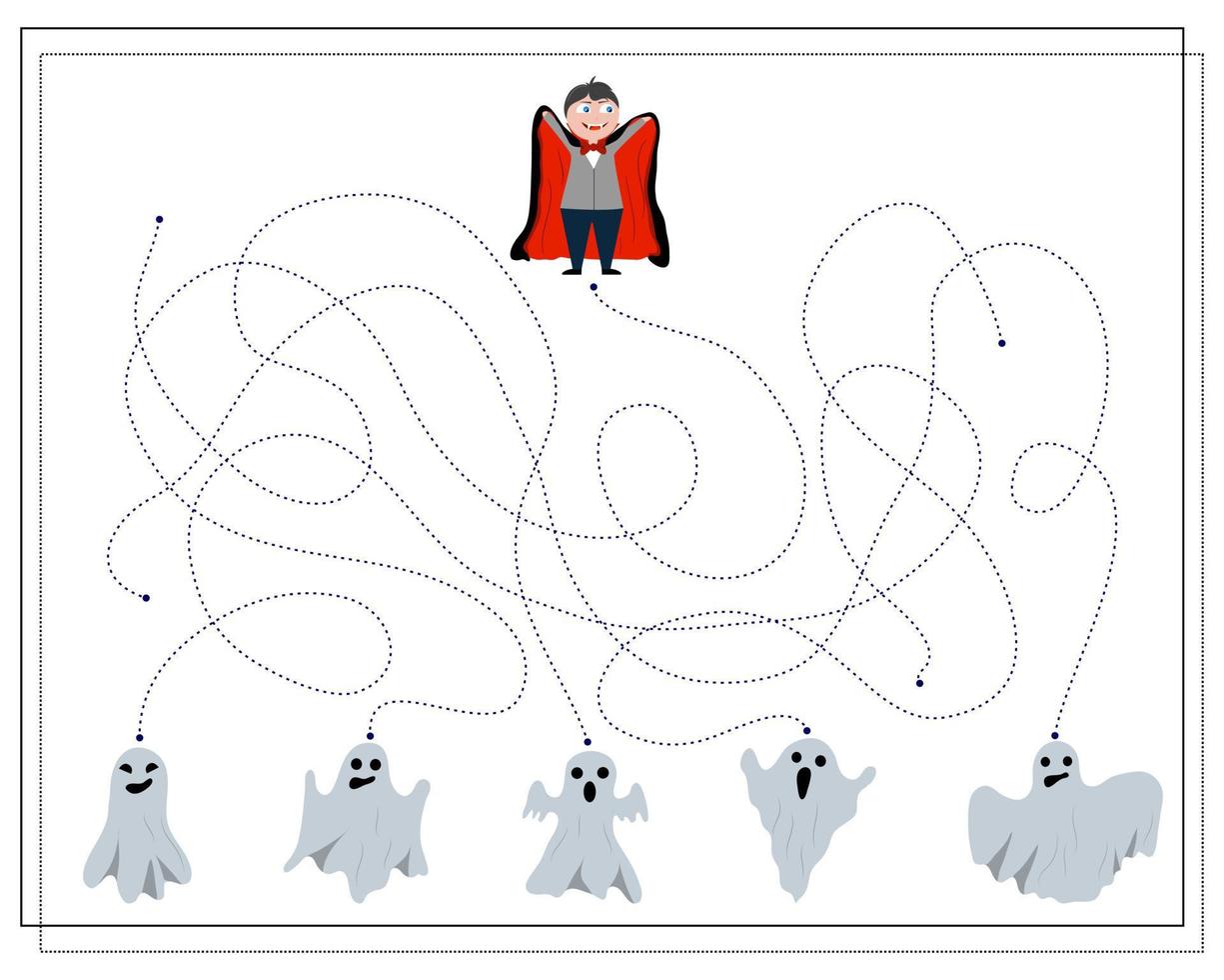 a game for kids maze, ghosts and dracula, halloween vector