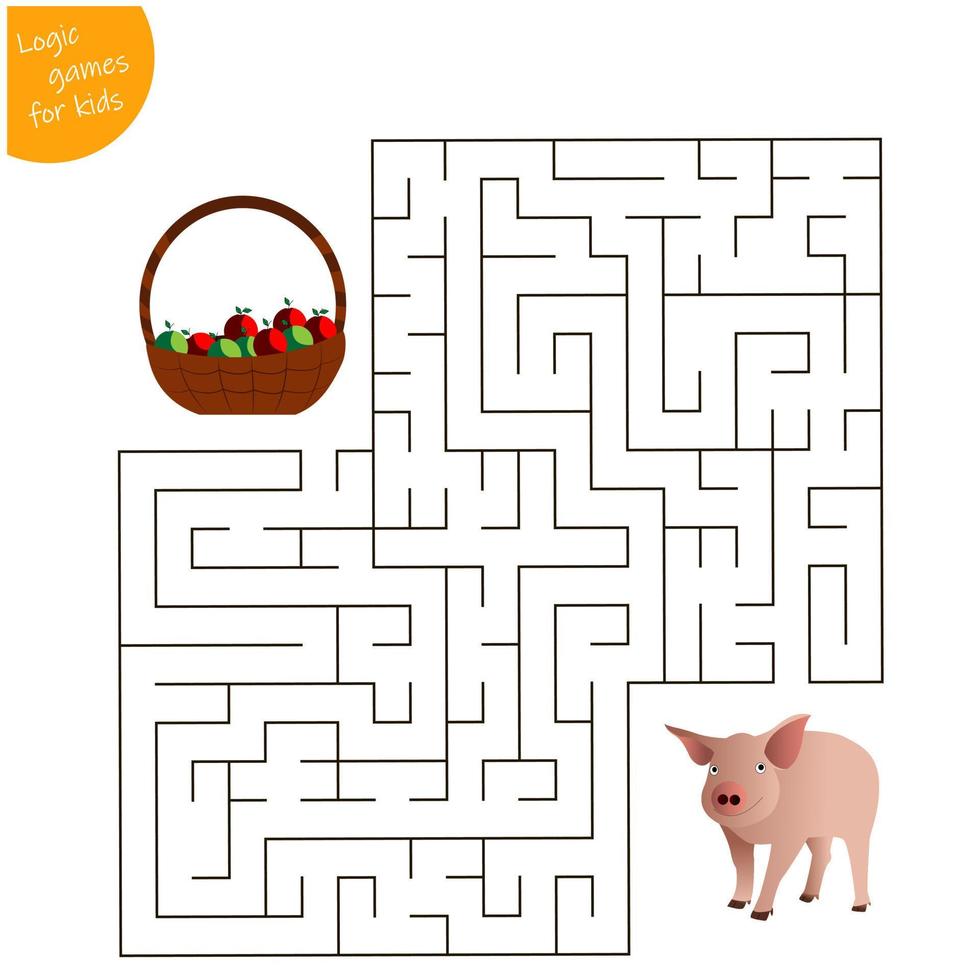 A game for children, a maze. Help the pig to get to the basket of apples vector
