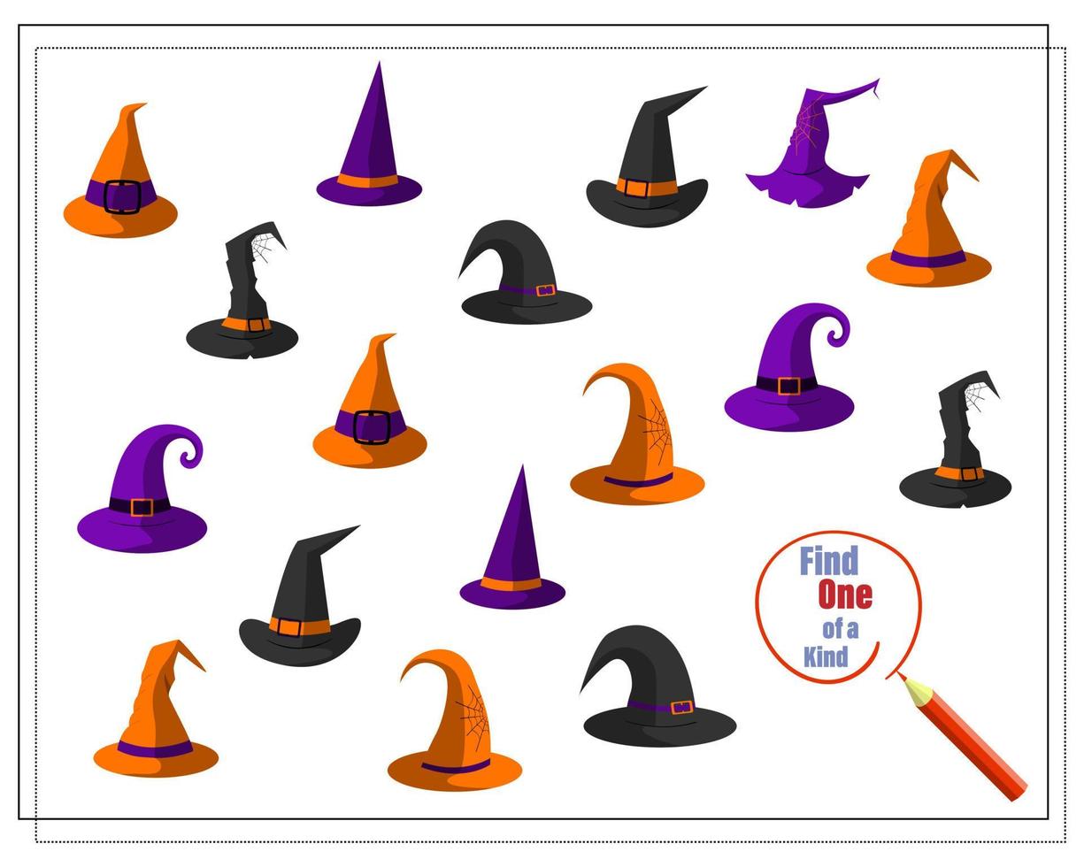 Cartoon illustration of the educational game Find a one of a kind picture. hats for the witch vector