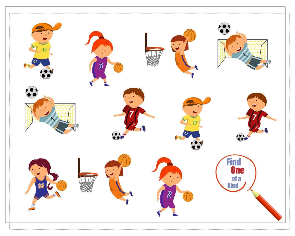 ilustración de dibujos animados de un juego educativo encuentra una imagen única con niños jugando fútbol y baloncesto vector