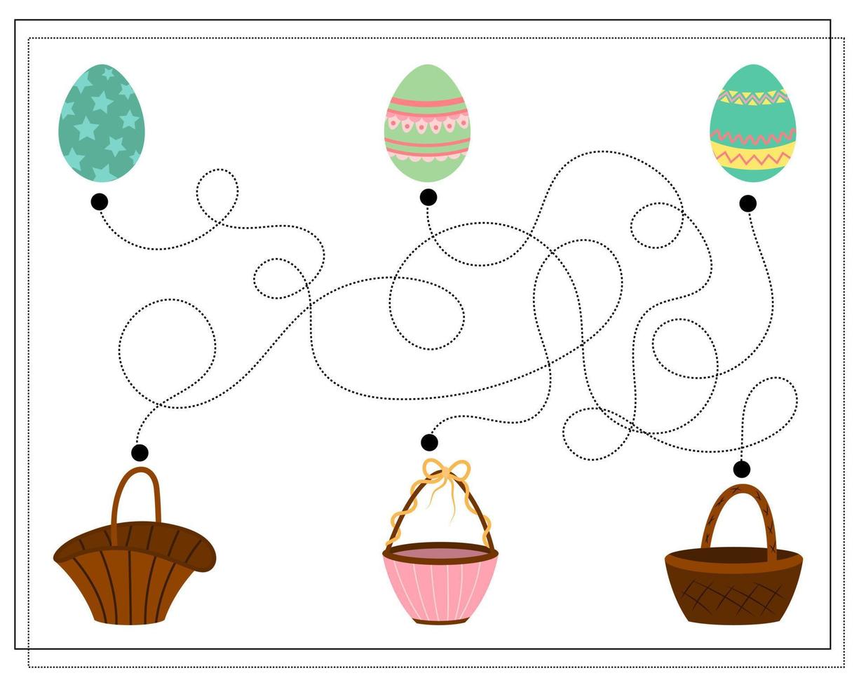 Children's logic game swipe through the dots, go through the maze. Easter eggs and baskets vector