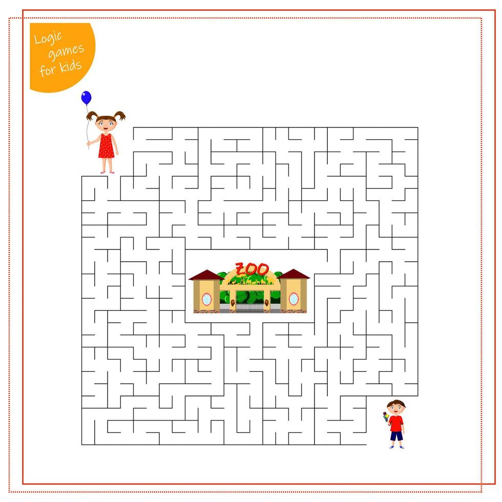 a maze game for kids. Help the children to pass through the maze to the zoo. A girl in a dress with a balloon, a boy in shorts holding an ice cream in his hands vector