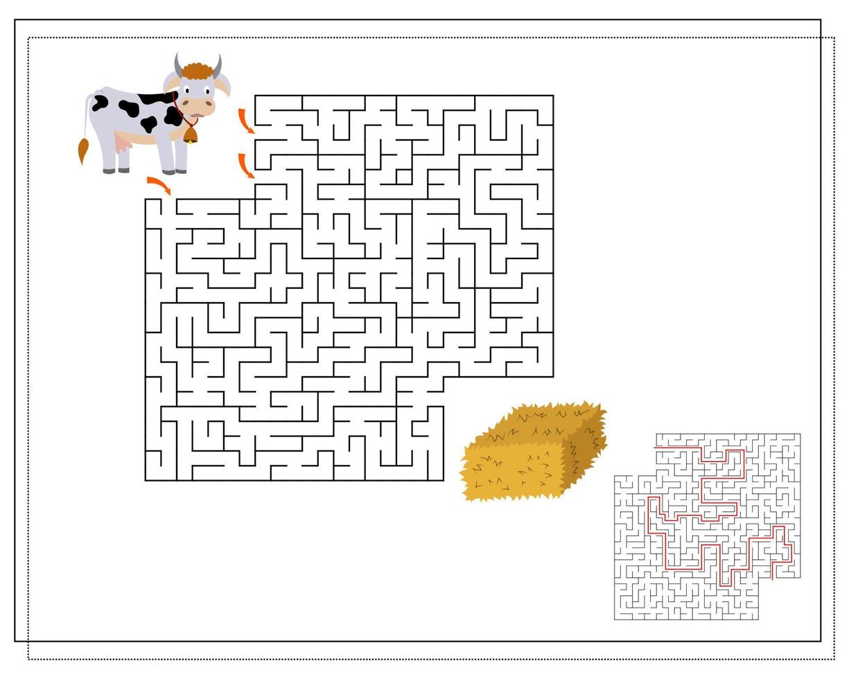 El juego de lógica infantil atraviesa el laberinto. guía a las vacas a través del laberinto hasta el heno vector