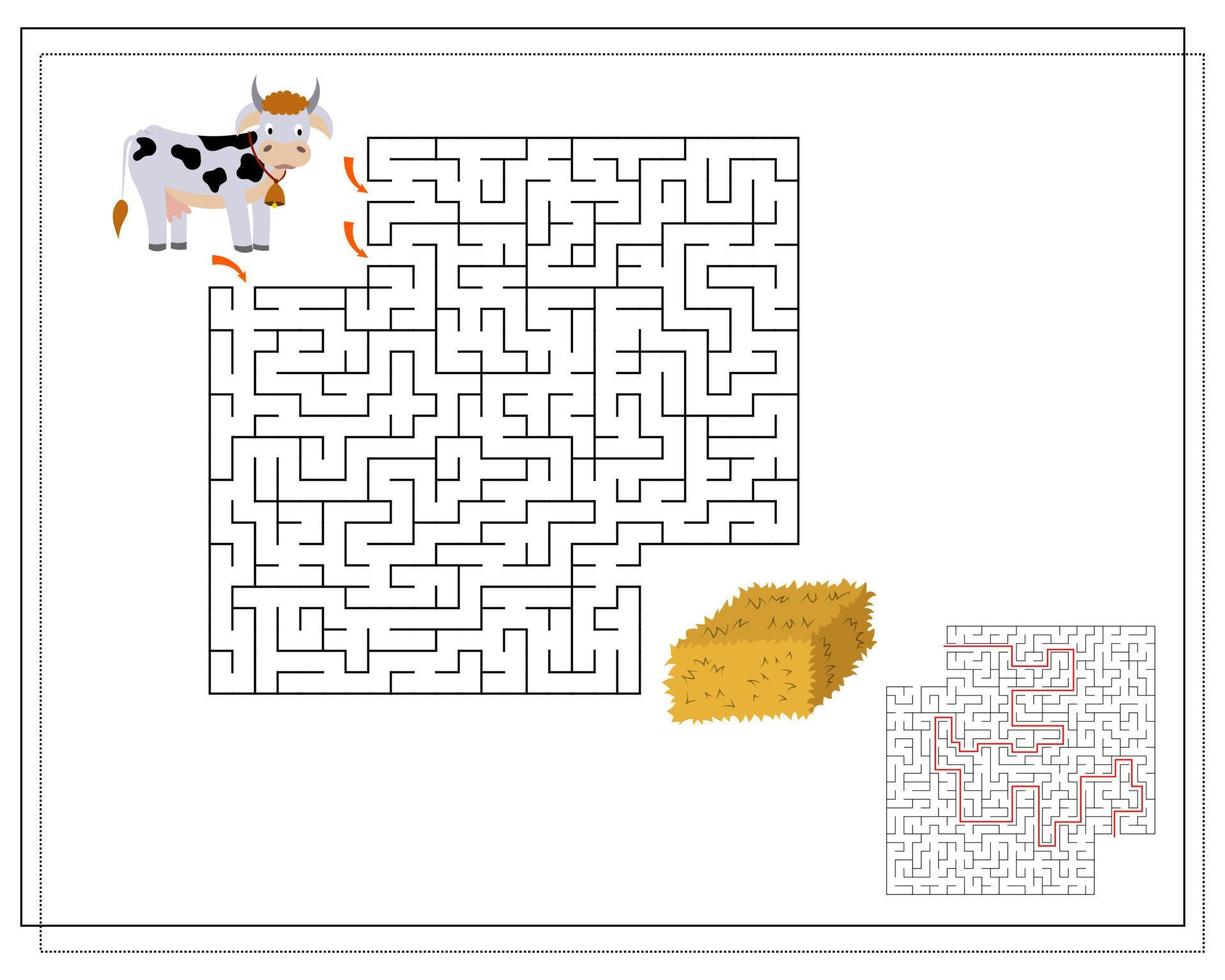 Children's logic game go through the maze. Guide the cows through the maze to the hay vector