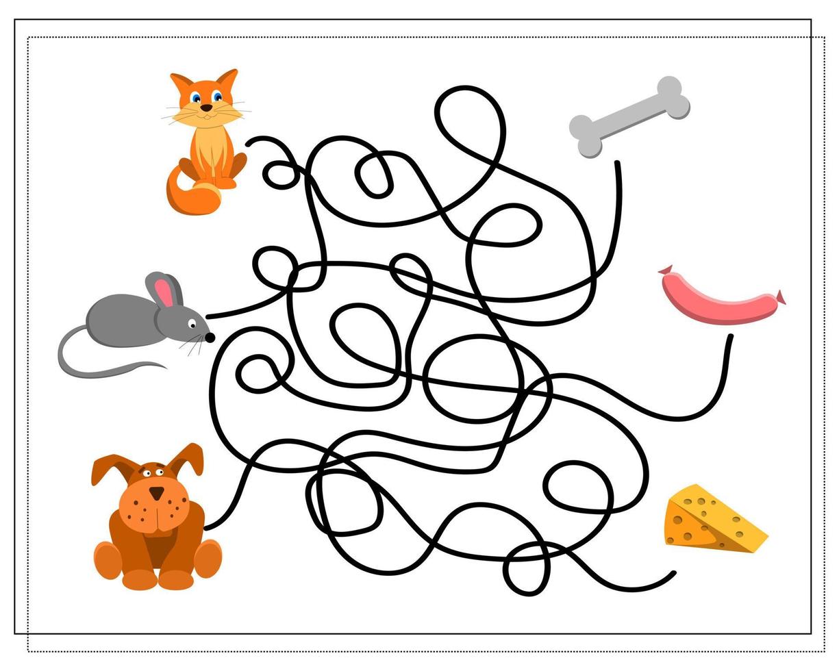 A maze game for kids. where is whose food. guide the cat, dog, mouse through the intricate maze to the right food vector