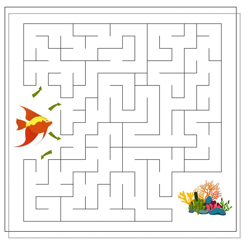 a maze game for kids. help the fish swim to the coral. cartoon fish angler. vector