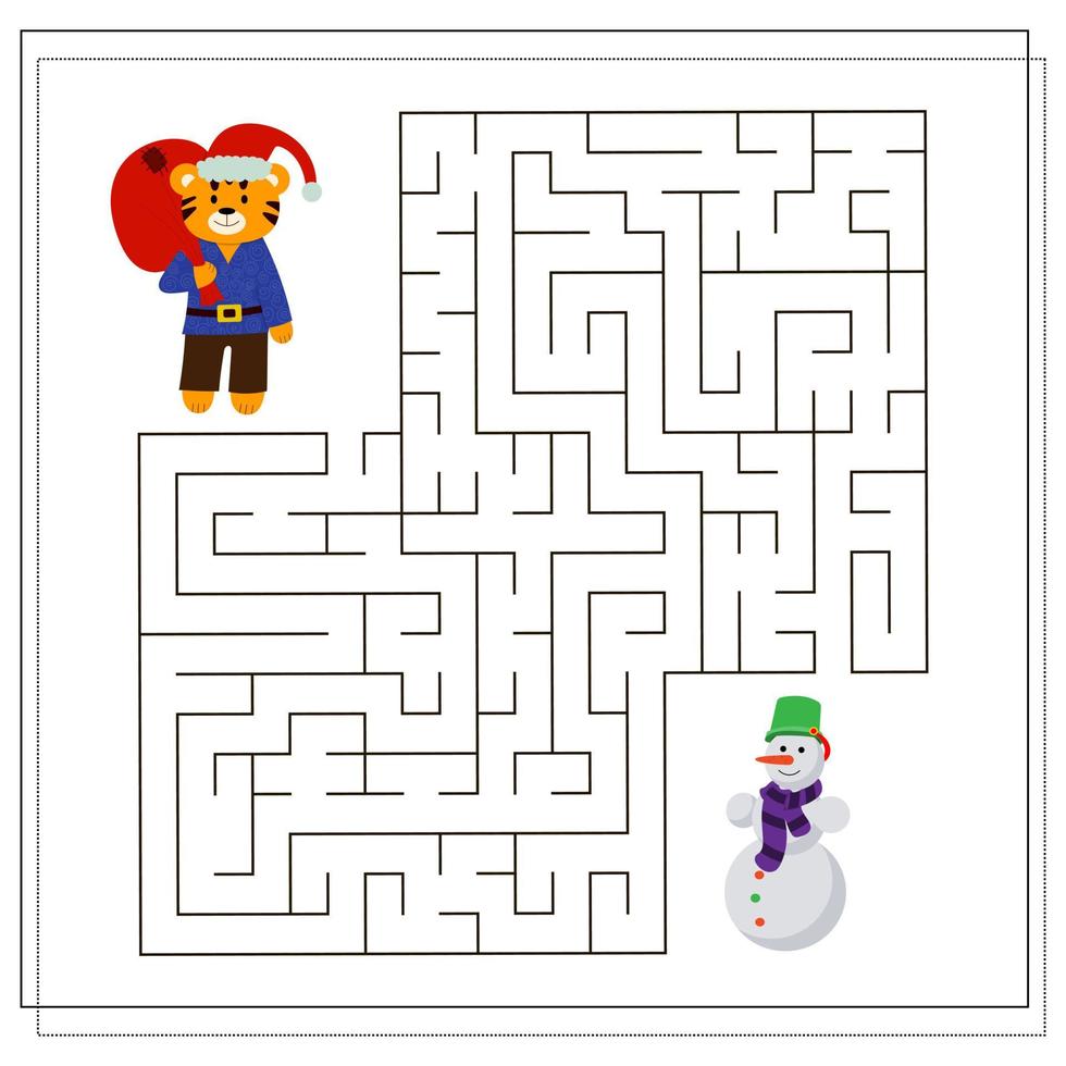 A logical game for children. Complete the maze. A tiger in the new year, a tiger at Christmas vector