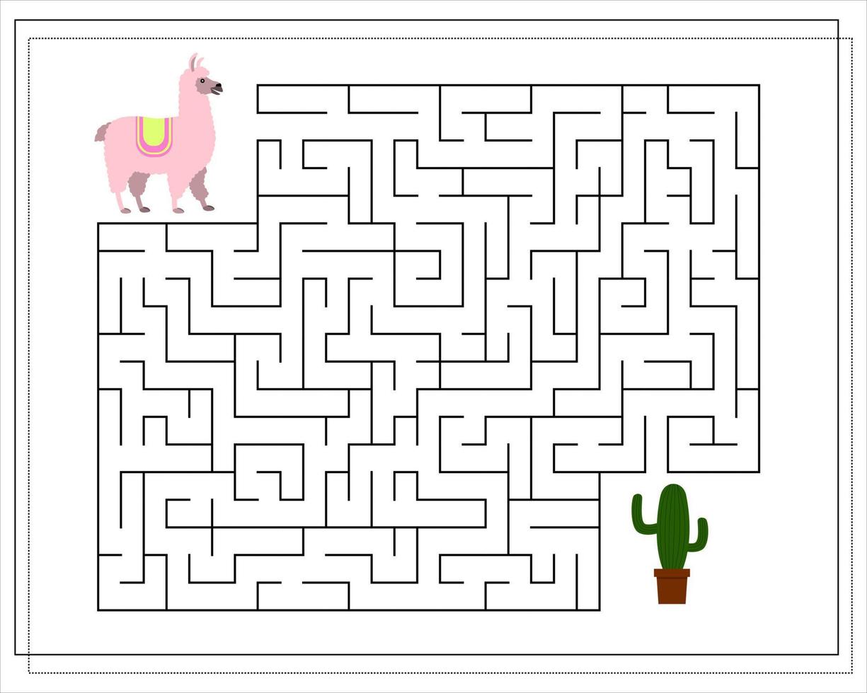 A maze game for kids. Guide the llama through the maze to the cactus vector