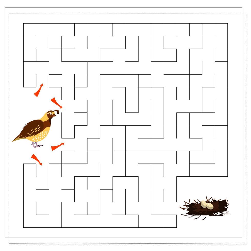 A maze game for kids. guide the bird through the maze to the nest with eggs. vector