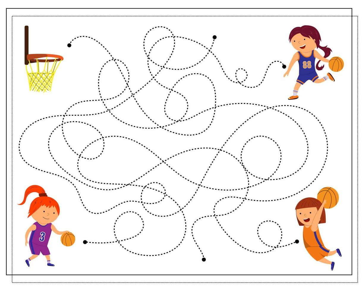 atraviesa el laberinto conectando los puntos para descubrir quién anotó la pelota en el ring, un juego de baloncesto vector