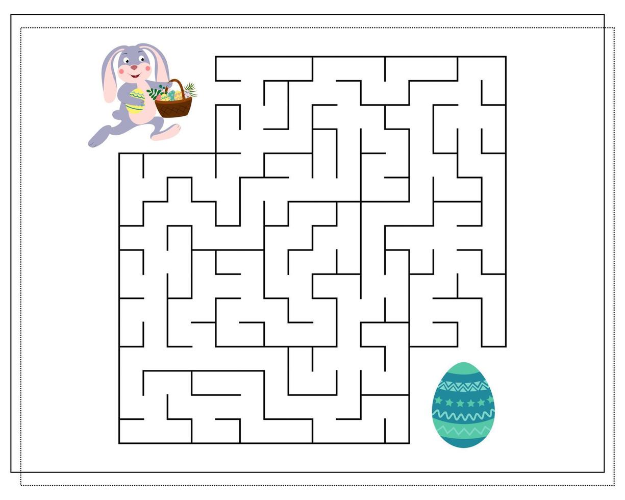 Children's logic game go through the maze. Help find the way to the hare with the basket to the Easter egg. vector