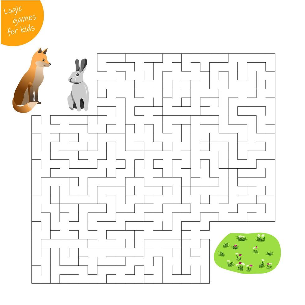 maze game for kids, help the hare escape from the fox and get to the clearing vector