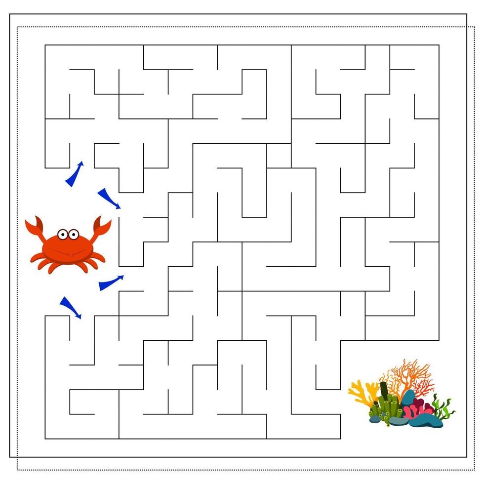 A maze game for kids. Guide the crab through the maze to the coral vector