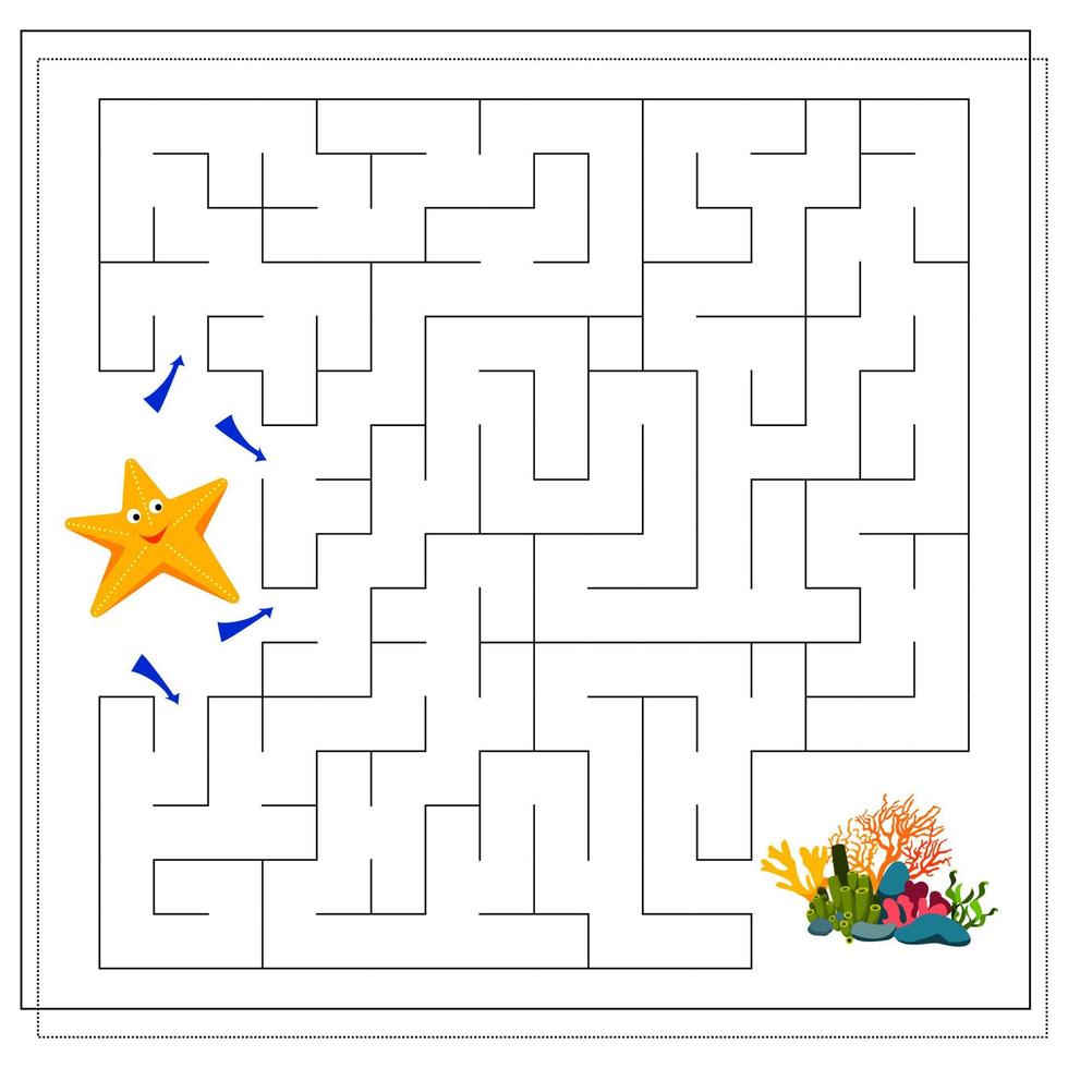 A maze game for kids. Guide the cartoon starfish through the maze to the corals vector