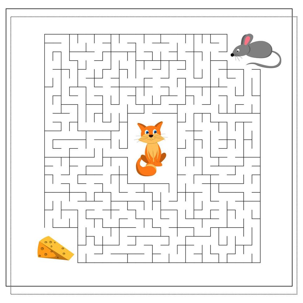 un juego de laberinto para niños. guía al ratón a través del laberinto hasta el queso, para no llegar hasta el gato vector