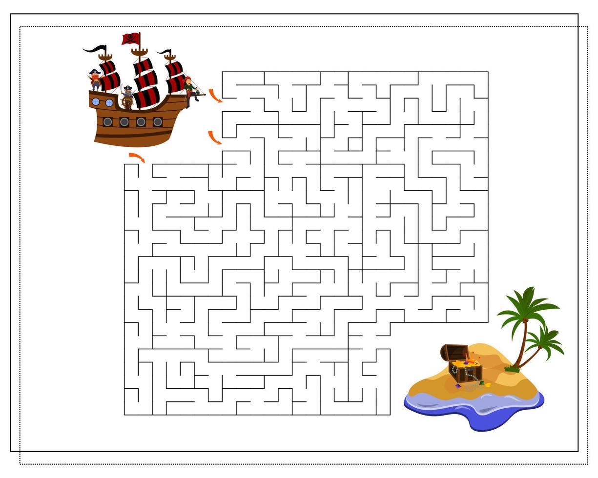 un juego para niños atraviesa un laberinto, un barco pirata, una isla vector