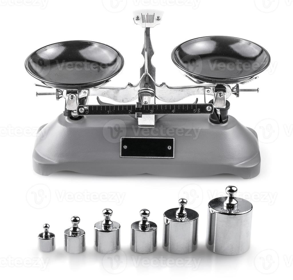 Gray Laboratory scales and weights on white photo