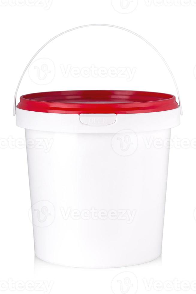 White plastic bucket with lid on  white photo