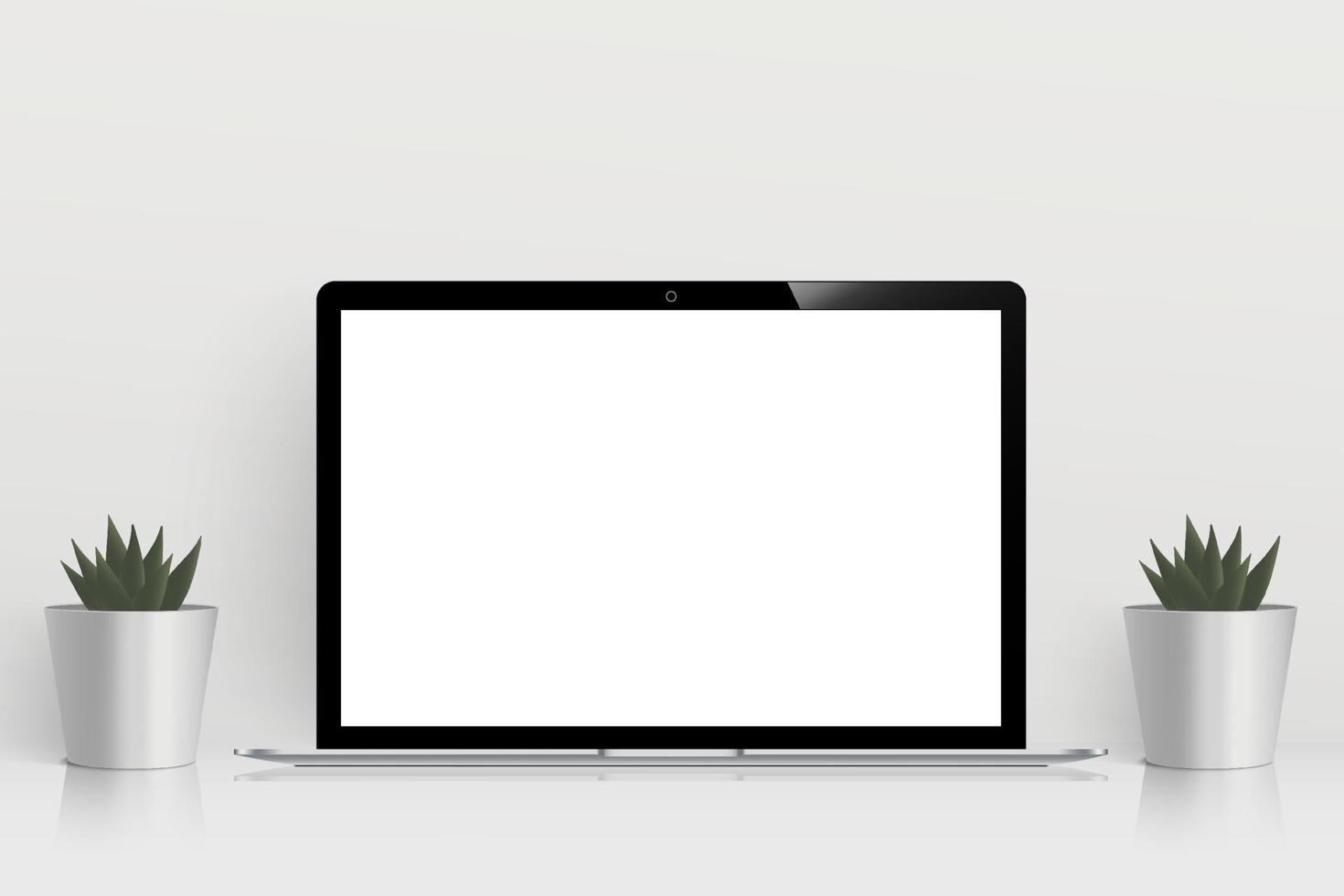 Glossy white table with modern laptop and cactus in aluminium pot isolated on background. Shinny desk with copy space. Creative design workspace with notebook computer. Minimal workplace mockup. vector