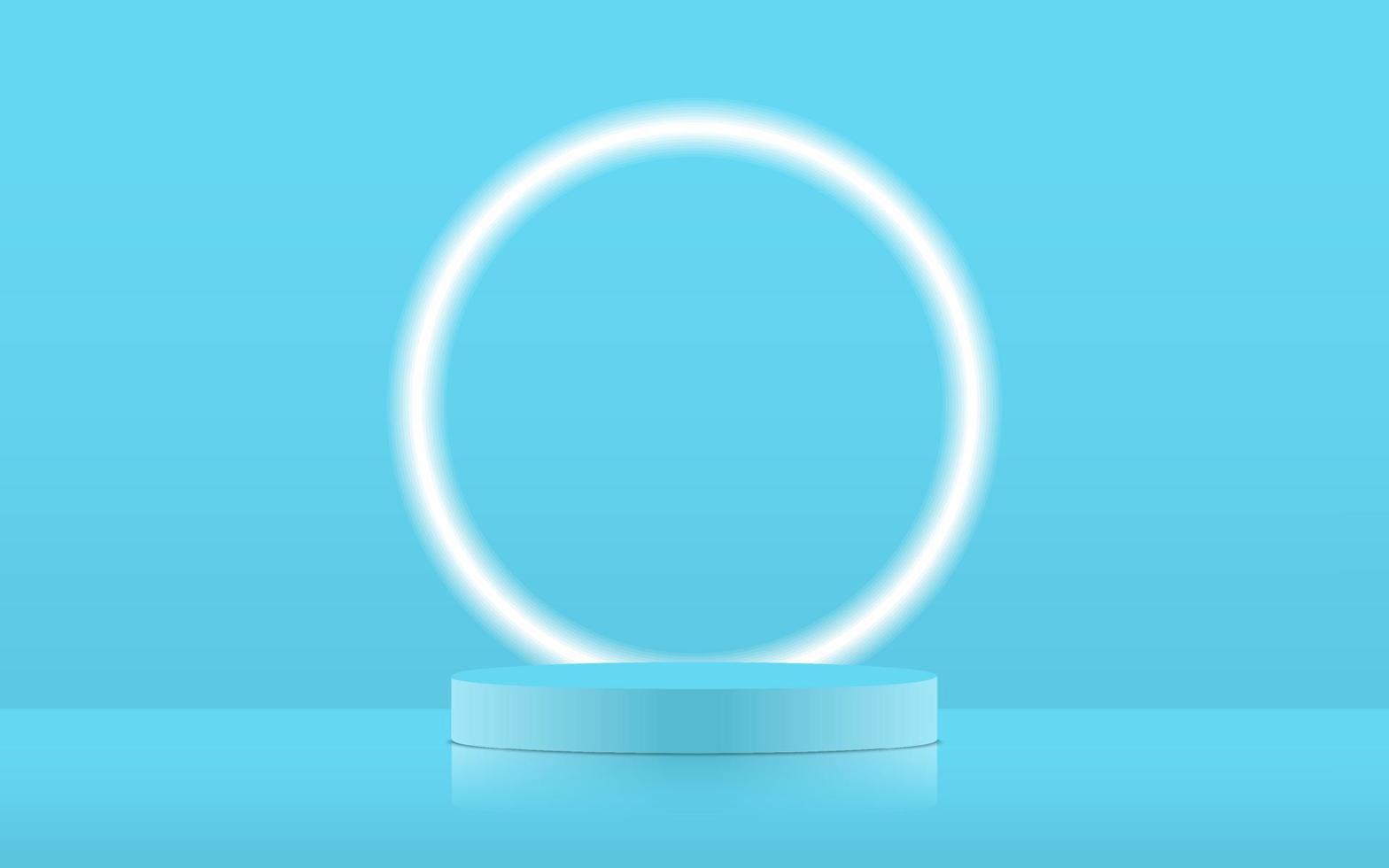 Realistic blue pastel blank product podium scene isolated with round neon light on blue background. Cylinder mock up scene. Geometric round shape for product branding. 3d vector illustration
