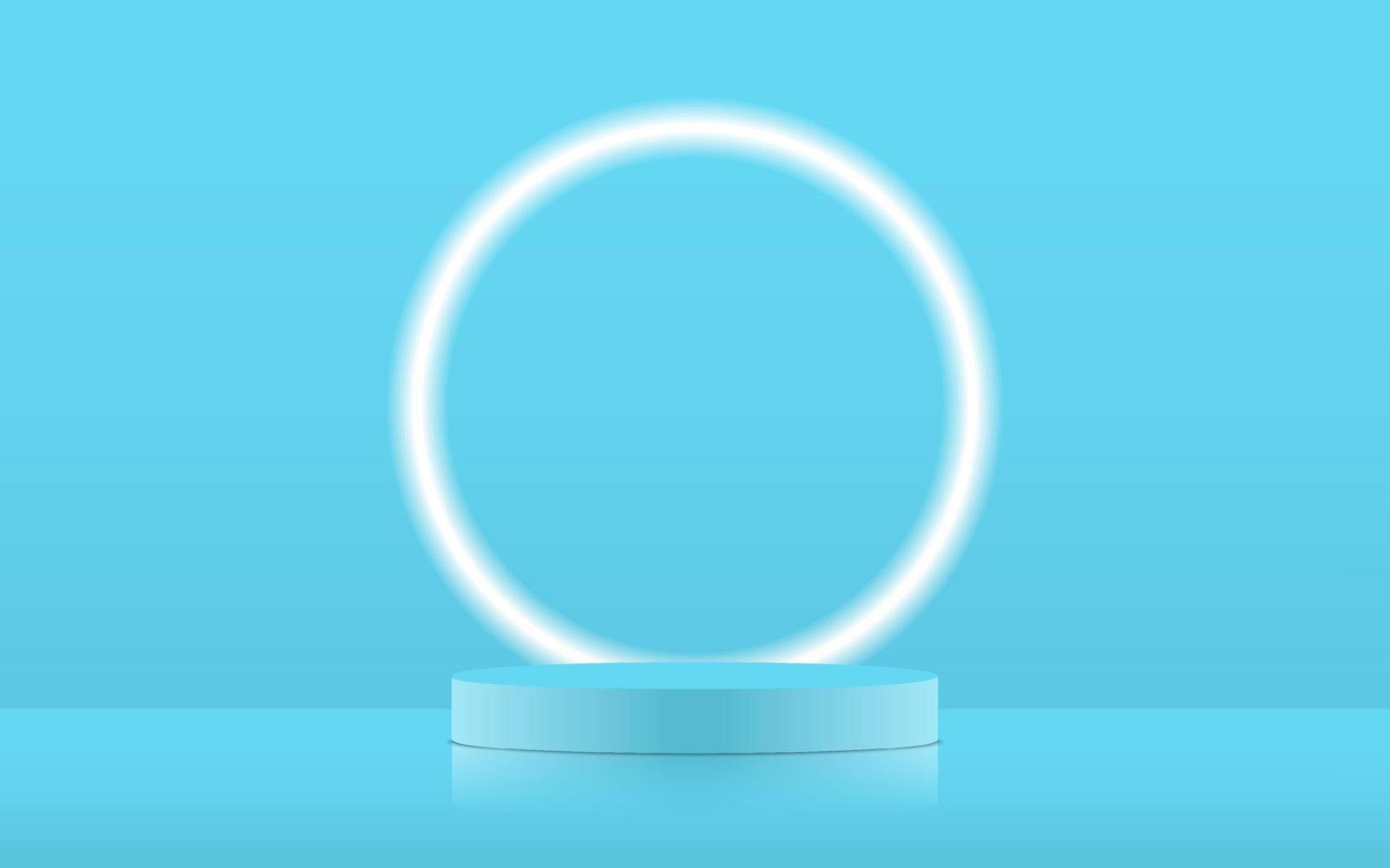 Realistic blue pastel blank product podium scene isolated with round neon light on blue background. Cylinder mock up scene. Geometric round shape for product branding. 3d vector illustration