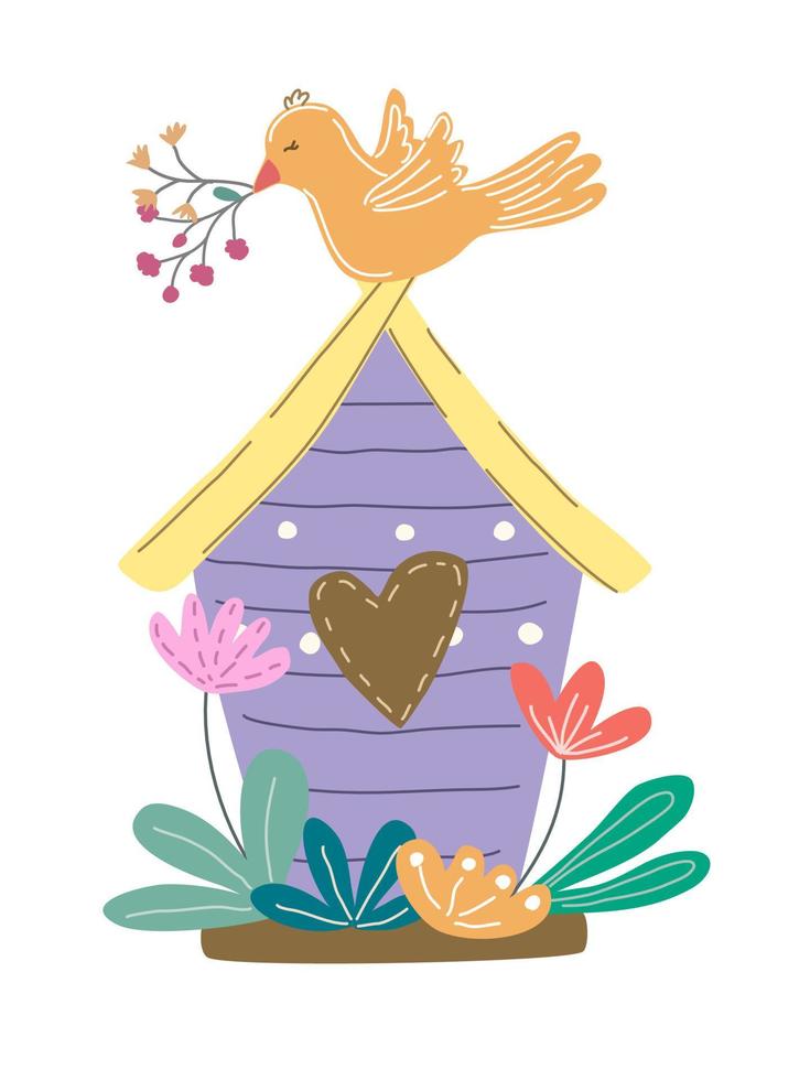 Birdhouse designed in pastel tones, vintage doodle style vector