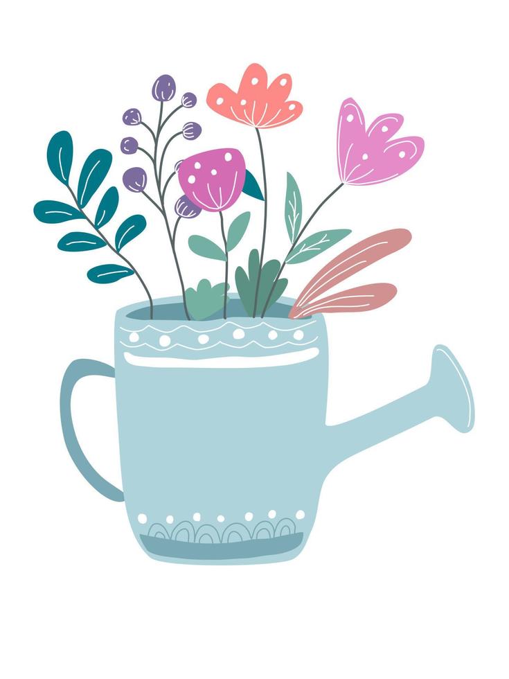regaderas y flores diseño en tonos pastel, estilo vintage, líneas de garabatos tema primaveral vector
