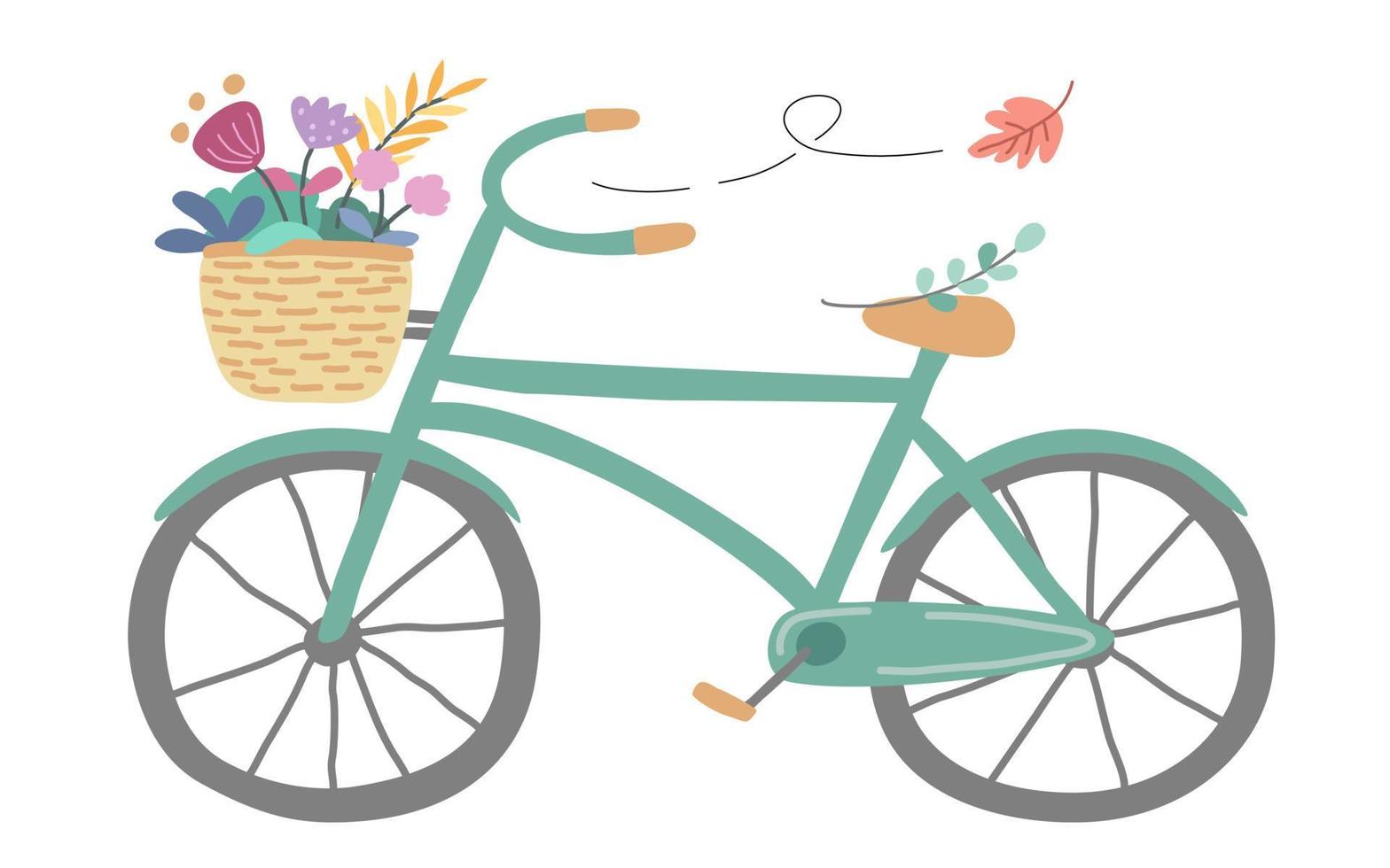 bicicleta verde y cesta de flores diseñada en tonos pastel, estilo garabato vintage vector