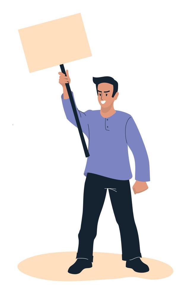 Protest. A man with a poster at a rally, expresses his opinion. Vector image.