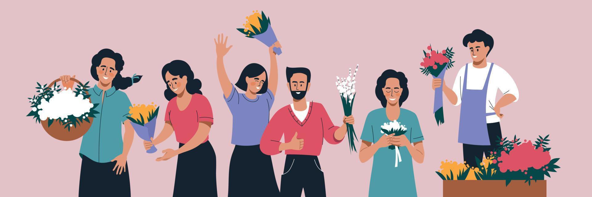 People with flowers. Women and men with bouquets of flowers. Set of vector images.