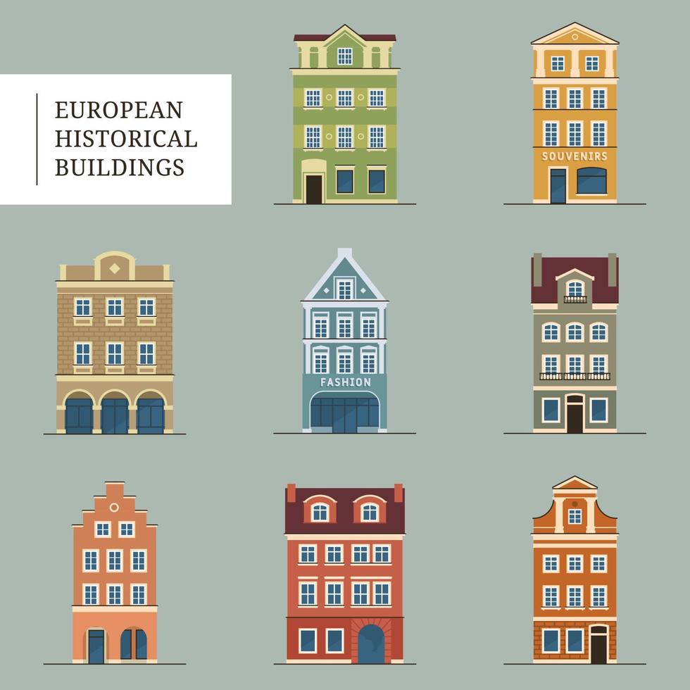 Set of european historical buildings. Traditional Amsterdam, Netherlands architecture. Vector illustration.