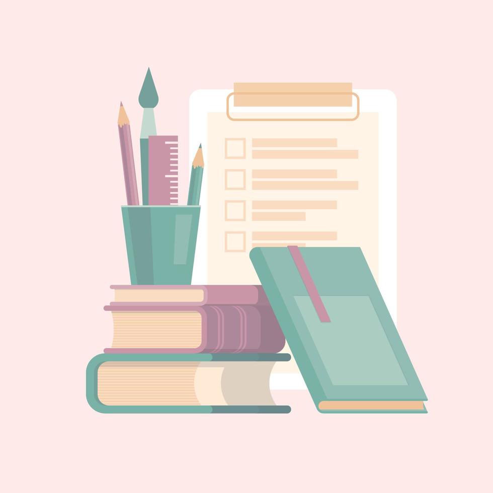 Books and stationery. Back to school. Set of items. Vector image.