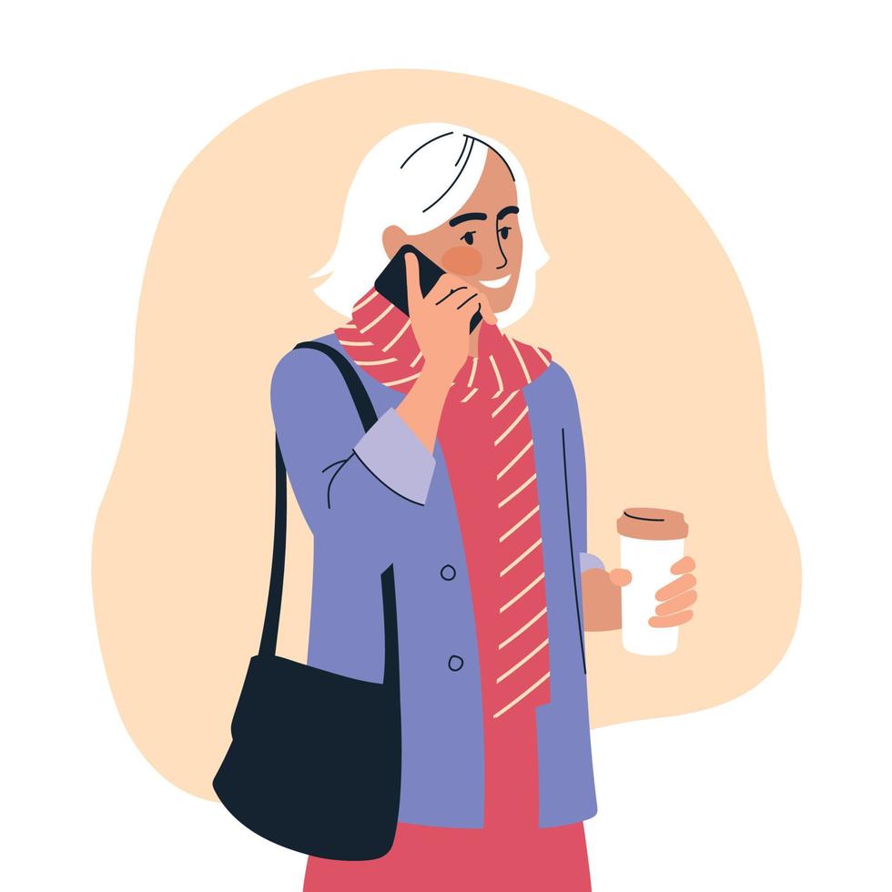 People with phone. A woman is talking on the phone, holding a glass of coffee. Vector image.