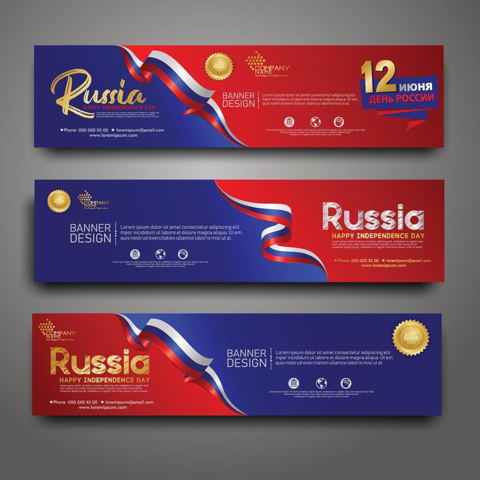 establecer plantilla de diseño de banner horizontal. feliz día de la independencia rusia fondo moderno con bandera de cinta, cinta de premio de oro vector