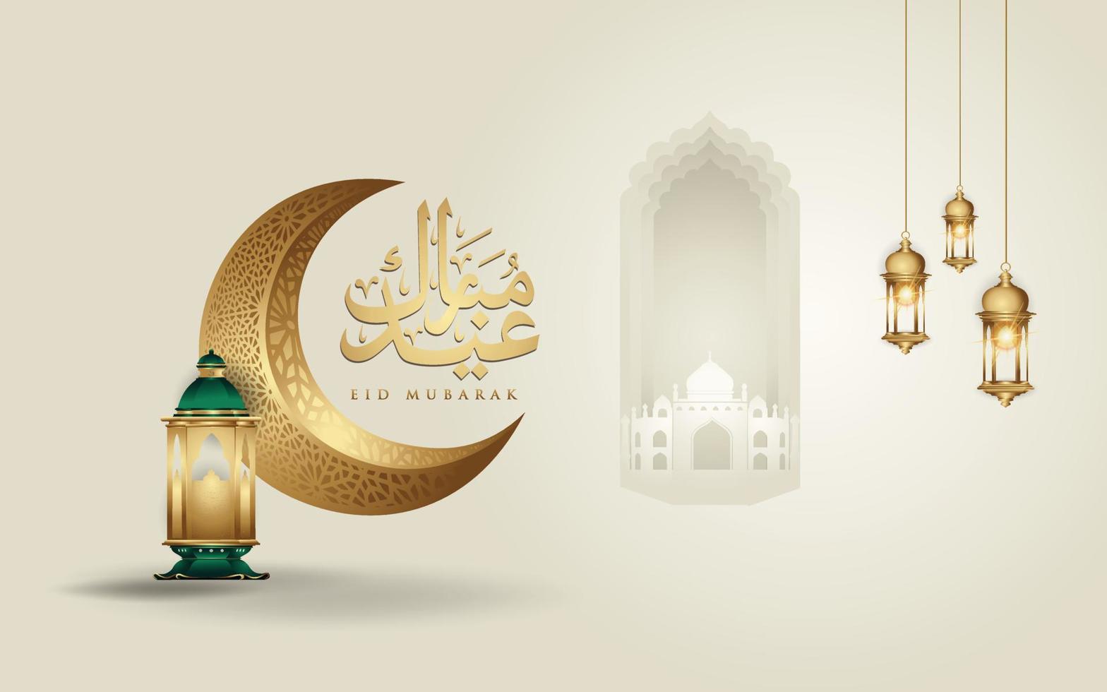 diseño de saludo de caligrafía árabe eid mubarak cúpula de mezquita de línea islámica con luna creciente vector