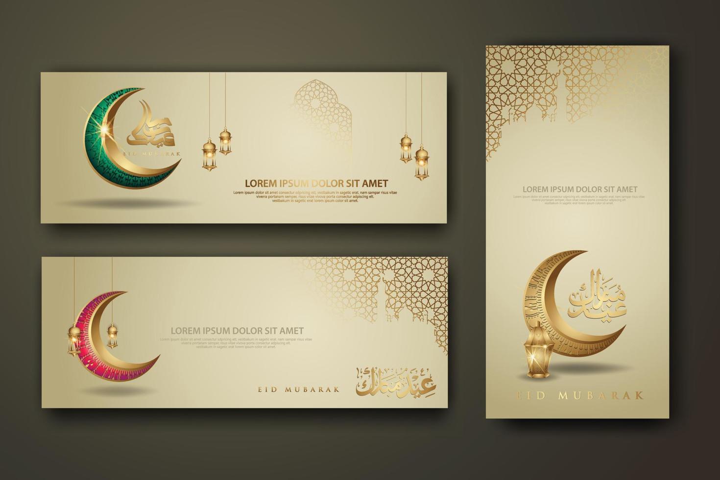 Eid al fitr calligraphy islamic, set banner template with crescent moon, traditional lantern and mosque pattern texture islamic background vector