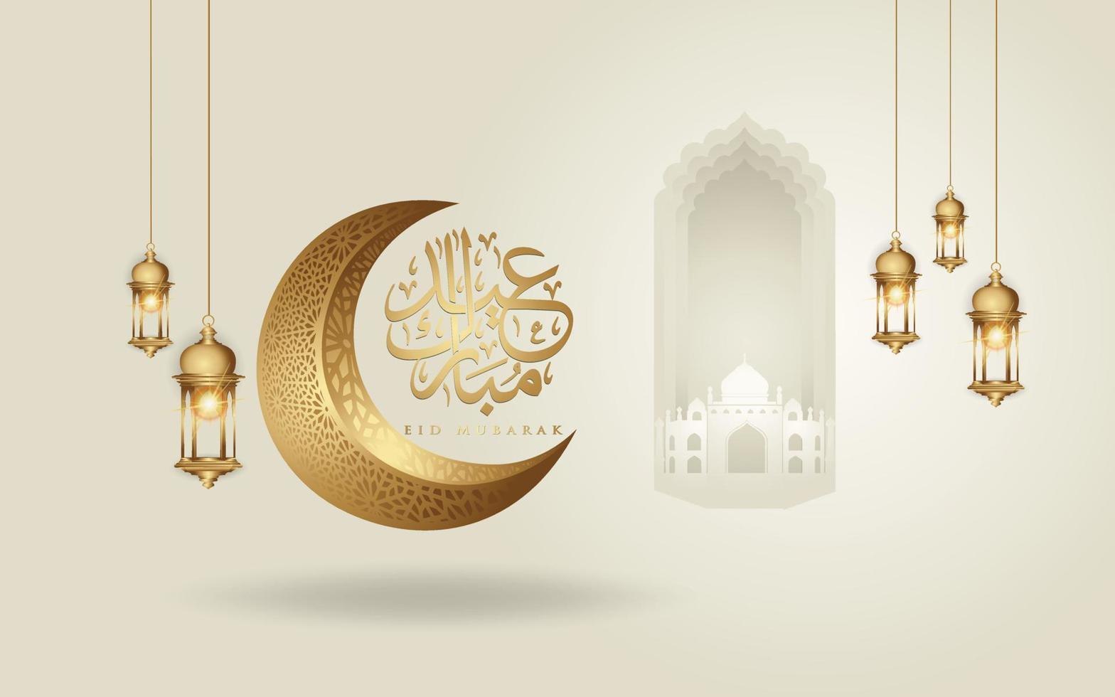 Eid mubarak arabic calligraphy greeting design islamic line mosque dome with crescent moon vector