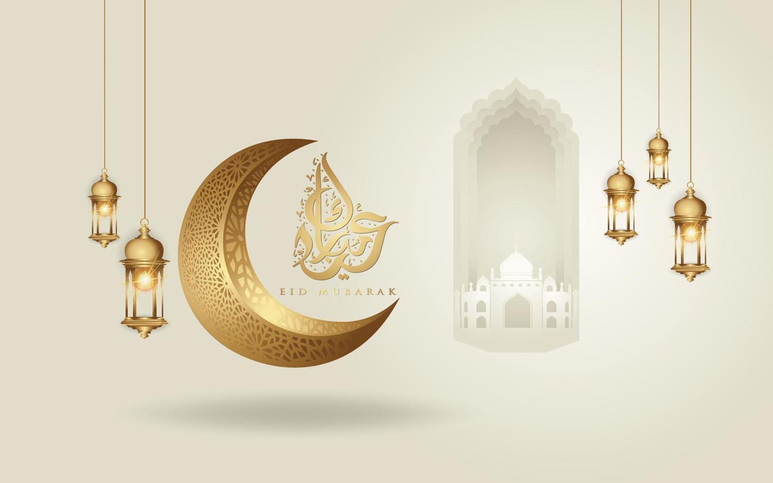 Eid mubarak arabic calligraphy greeting design islamic line mosque dome with crescent moon vector