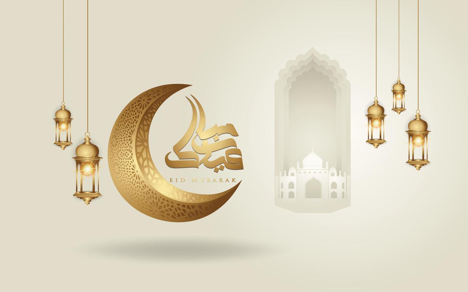Eid mubarak arabic calligraphy greeting design islamic line mosque dome with crescent moon vector