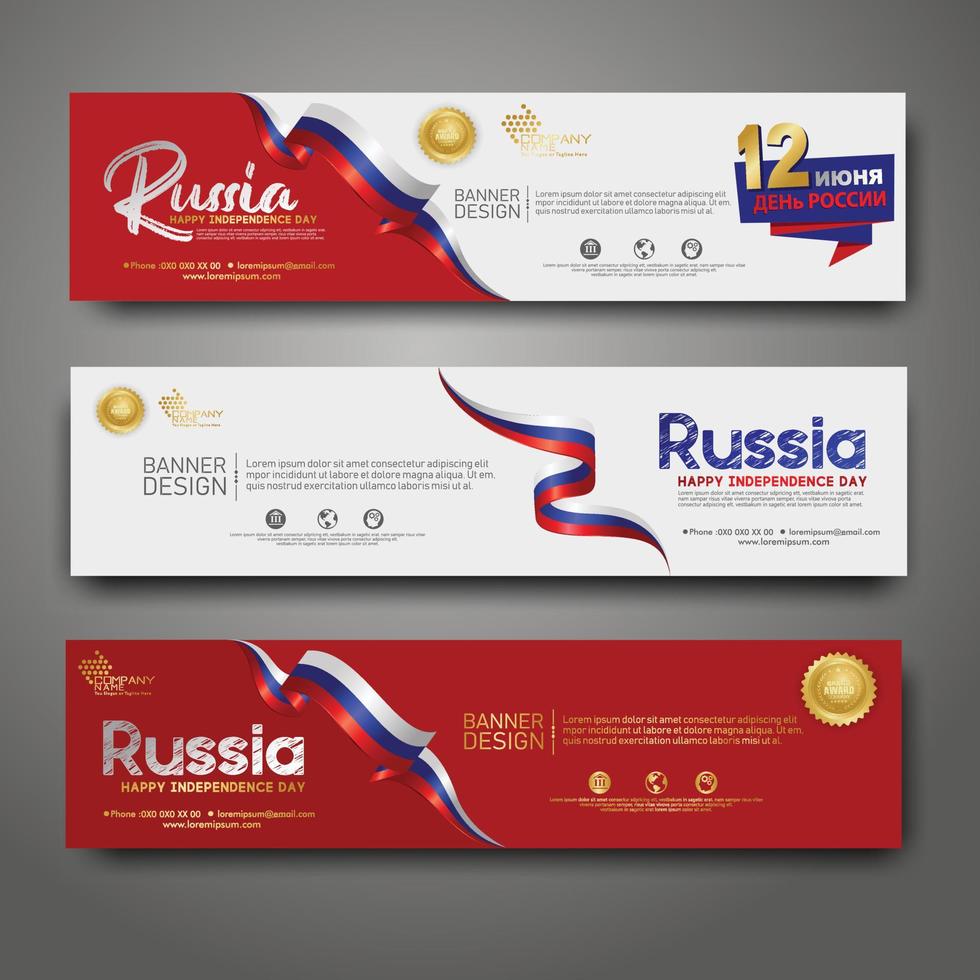 establecer plantilla de diseño de banner horizontal. feliz día de la independencia rusia fondo moderno con bandera de cinta, cinta de premio de oro vector