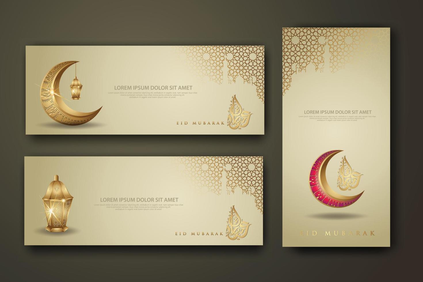 Eid al fitr calligraphy islamic, set banner template with crescent moon, traditional lantern and mosque pattern texture islamic background vector