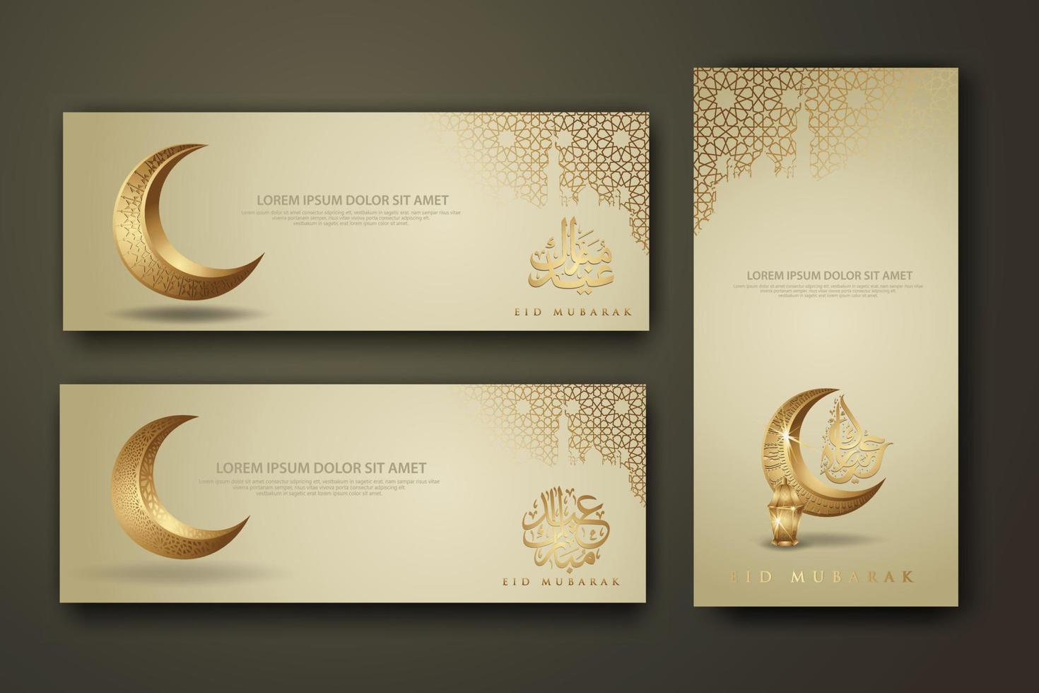 Eid al fitr calligraphy islamic, set banner template with crescent moon, traditional lantern and mosque pattern texture islamic background vector