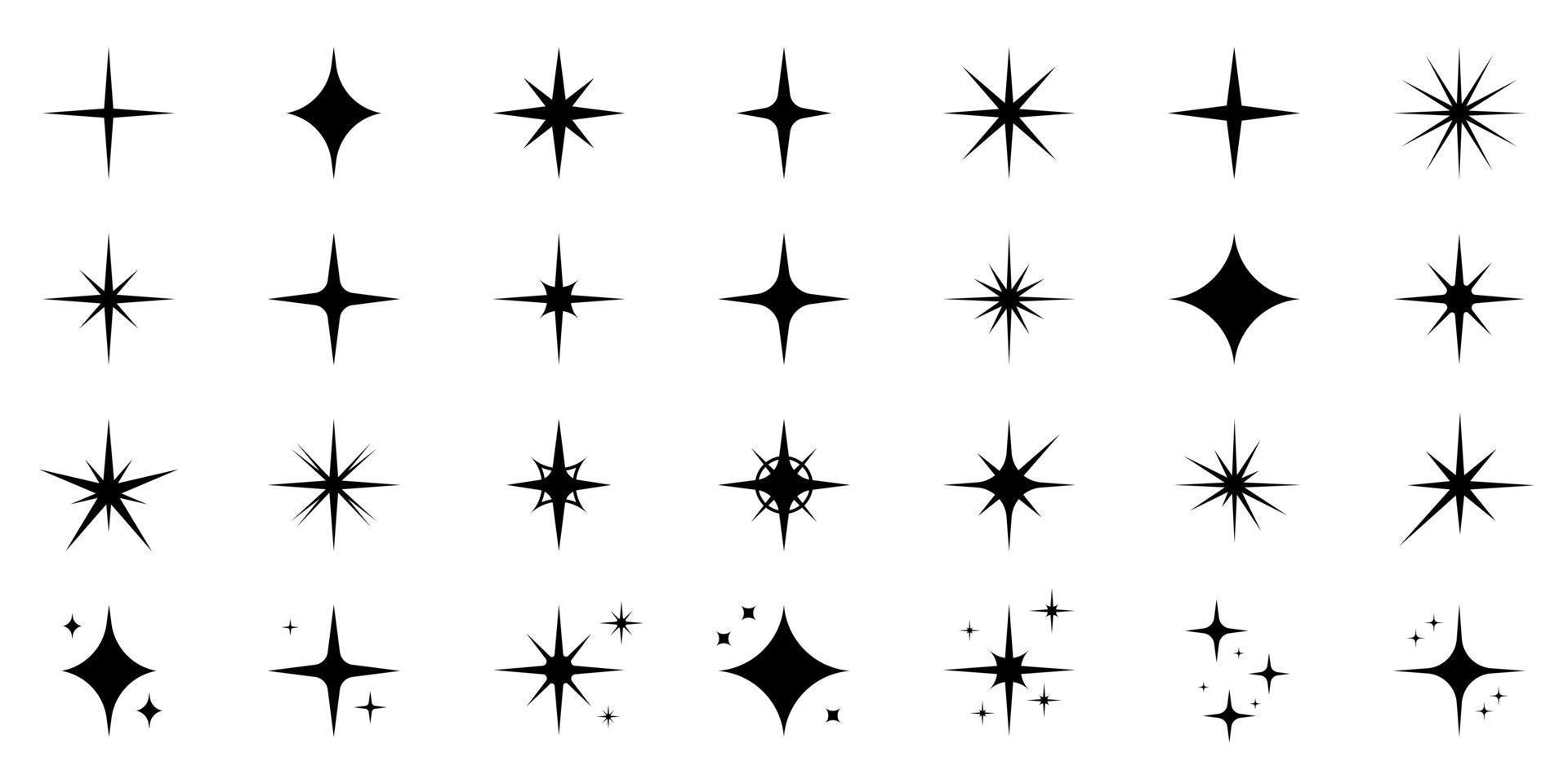 Burst Star Silhouette Icon Set. Black Twinkle Flash Pictogram. Magic Firework Flat Icon Collection. Vibrant Shiny Glitter Effect. Sparkle Glow Starburst. Flare Ray. Isolated Vector Illustration.