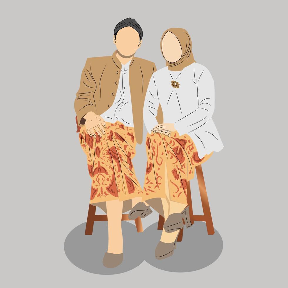 Java Indonesia Wedding Couple, Indonesian Javanese traditional white clothes costume bride and groom cartoon vector illustration